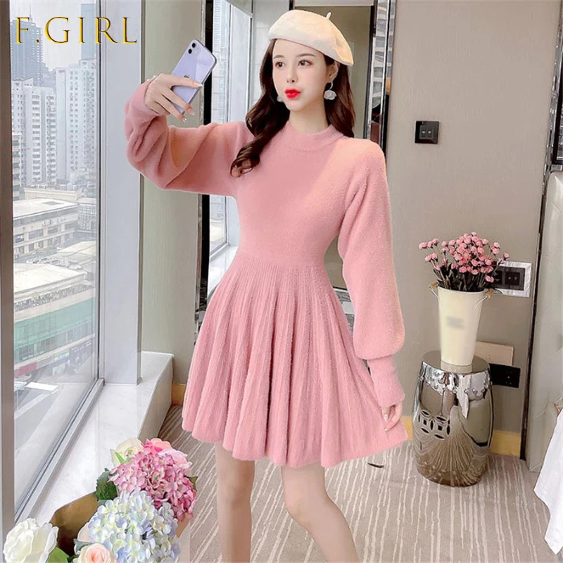 

Женское вязаное платье-свитер, розовое короткое Плиссированное Платье из меха норки на весну и зиму, 2021