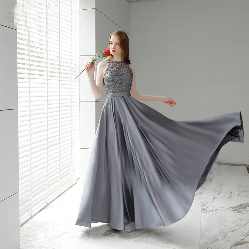 Фото Женское атласное вечернее платье holieach длинное с кружевной аппликацией