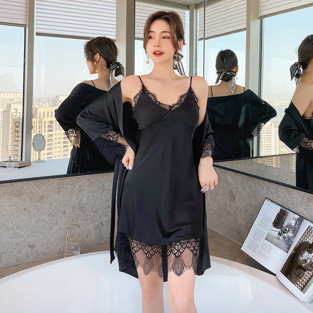 Twinset Robe Set Sexy Lace Trim Kimono Gown Women Satin 2PCS Sleepwear Summer V-neck Nightgown Birde Wedding Sleep Suit
Twinset Robe Set Sexy Lace Trim Kimono Gown Women Satin 2PCS Sleepwear Summer V-neck Nightgown Birde Wedding Sleep Suit