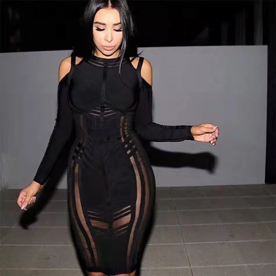 Autumn Sexy Women'S Bandage Dress Long-Sleeved Mesh Stitching Bodycon Dress Club Celebrity Evening Party Vestidos 
Autumn Sexy Women'S Bandage Dress Long-Sleeved Mesh Stitching Bodycon Dress Club Celebrity Evening Party Vestidos