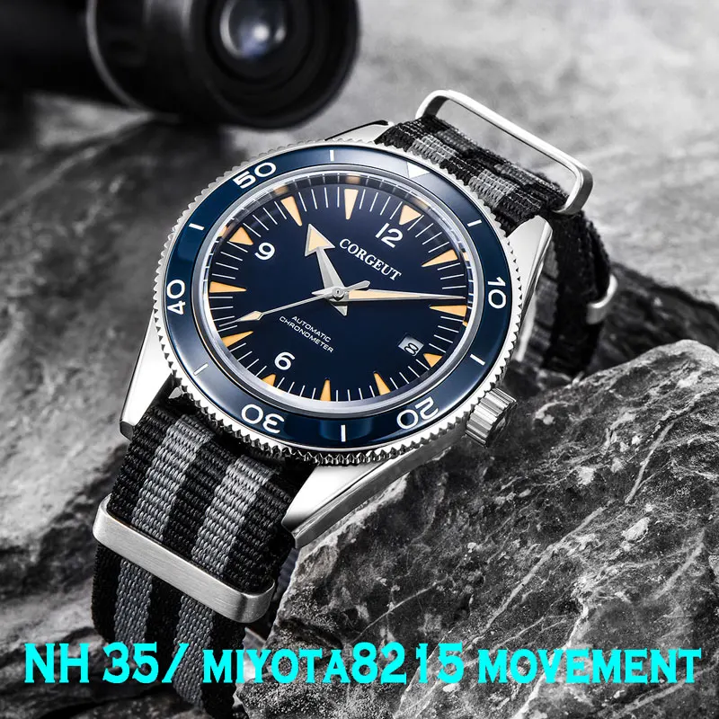 

Corgeut 41mm Sterile Dial Date NH35 Miyota 8215 Automatic Movement Waterproof Luminous Sapphire Nylon Mens Mechanical Wristwatch