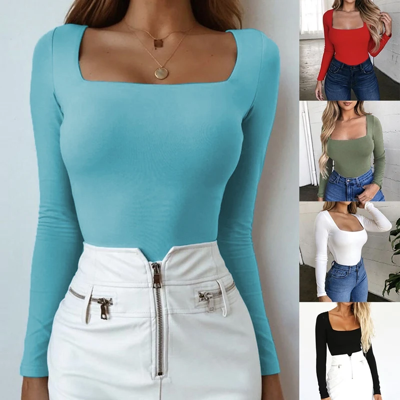 Women's Sexy Solid Color Slim Square Collar Long Sleeve T-shirt Bottoming Top 
Women's Sexy Solid Color Slim Square Collar Long Sleeve T-shirt Bottoming Top