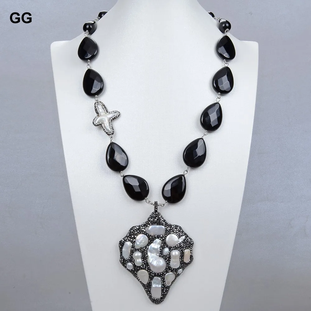 GG Jewelry Natural Gemetric Black Onyx White Keshi Pearl Necklace CZ Pave Pearl Pendant Necklace For Women
GG Jewelry Natural Gemetric Black Onyx White Keshi Pearl Necklace CZ Pave Pearl Pendant Necklace For Women