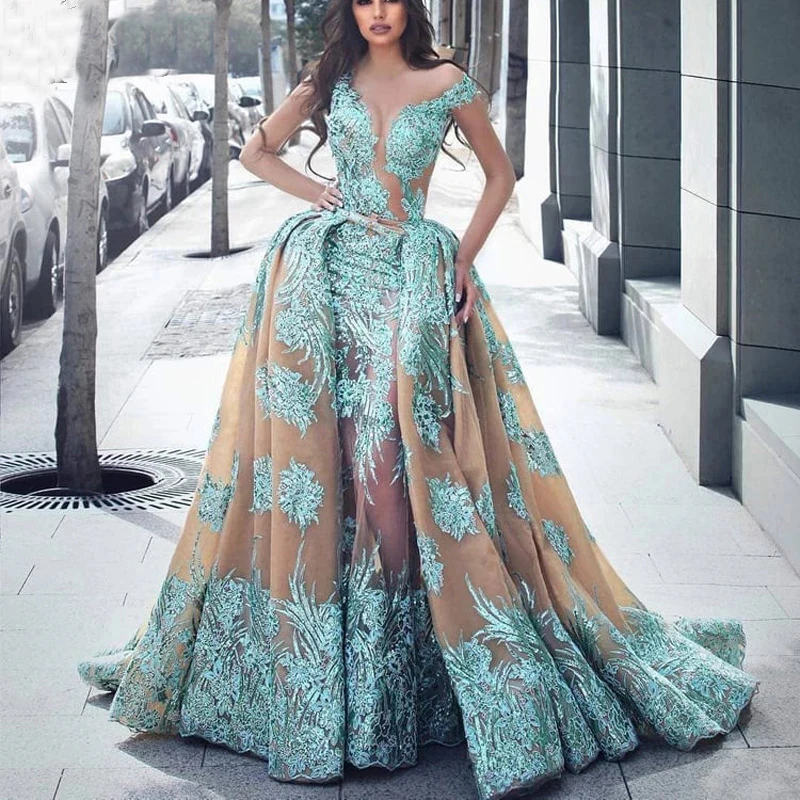

Haute Couture Overskirt Mermaid Prom Dresses Illusion Neckline Detachable Train Lace Appliques Long Evening Dress Robe de soiree