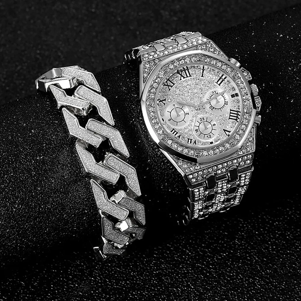2pcs/set Gold Watch Bracelet for Men Cuban Chain Men Bracelet Bling Iced Out Watch for Men Luxury Men Watch Set Groomsmen Gifts
2pcs/set Gold Watch Bracelet for Men Cuban Chain Men Bracelet Bling Iced Out Watch for Men Luxury Men Watch Set Groomsmen Gifts
