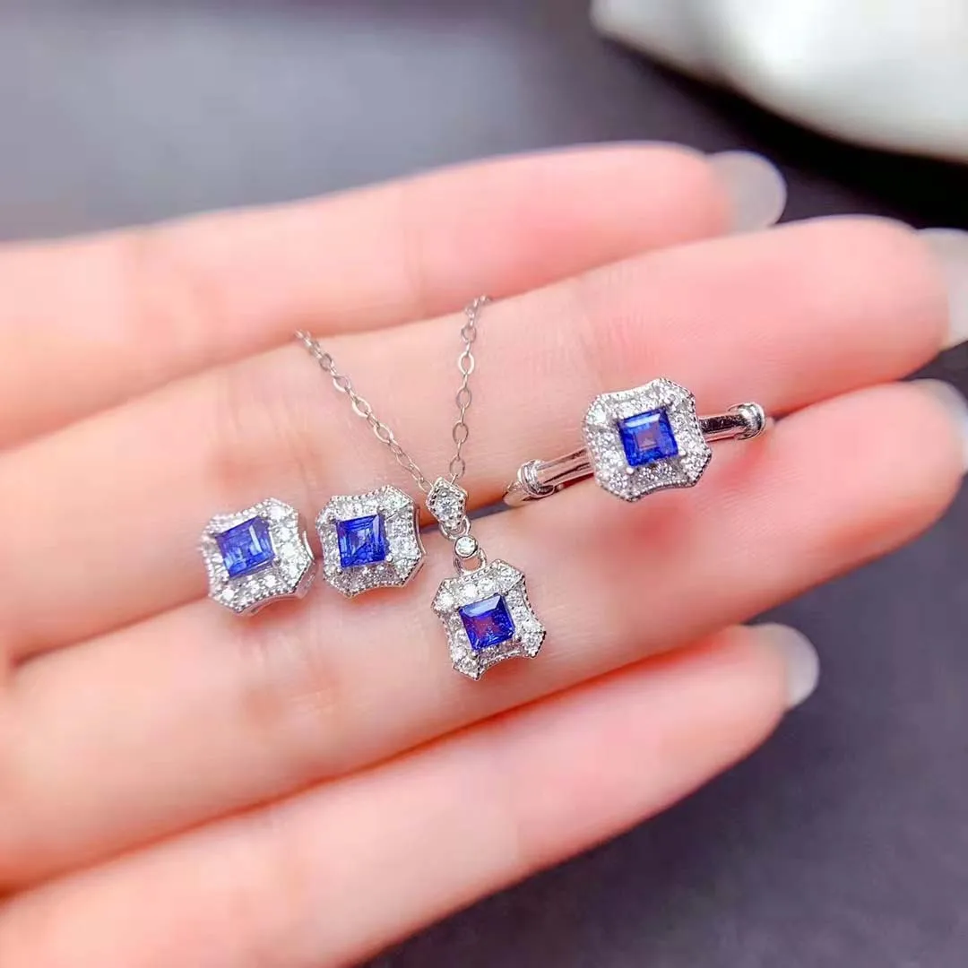 Natural Sri Lanka Sapphire S925 Sterling Silver Ring Earrings Pendant Necklace Set Fine Wedding Jewelry for Women MeiBaPJ FS
Natural Sri Lanka Sapphire S925 Sterling Silver Ring Earrings Pendant Necklace Set Fine Wedding Jewelry for Women MeiBaPJ FS