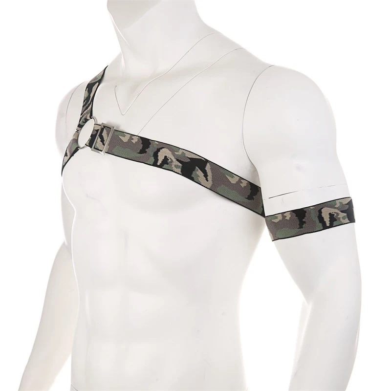 Sexy Camouflage Body Chest Harness Men Elastic Shoulder Strap Stage Costume Clubwear Bondage Clothes Lingerie with Arm Band
Sexy Camouflage Body Chest Harness Men Elastic Shoulder Strap Stage Costume Clubwear Bondage Clothes Lingerie with Arm Band