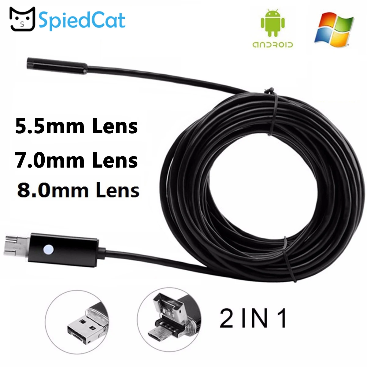 Шпионить кошка 1/2/5/10 м мягкий кабель 5 5/iPhone 7 Plus/8 мм Мини 2in1 эндоскоп Камера Гибкая