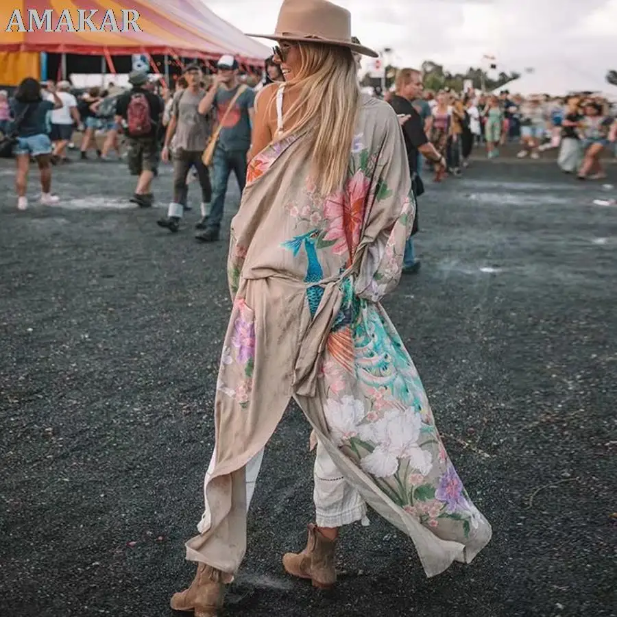 Kimono sleeve robe Kaftan Khaki Floral print Boho cardigan sexy Side Slits Gypsy beach summer long women blouses blusas
Kimono sleeve robe Kaftan Khaki Floral print Boho cardigan sexy Side Slits Gypsy beach summer long women blouses blusas