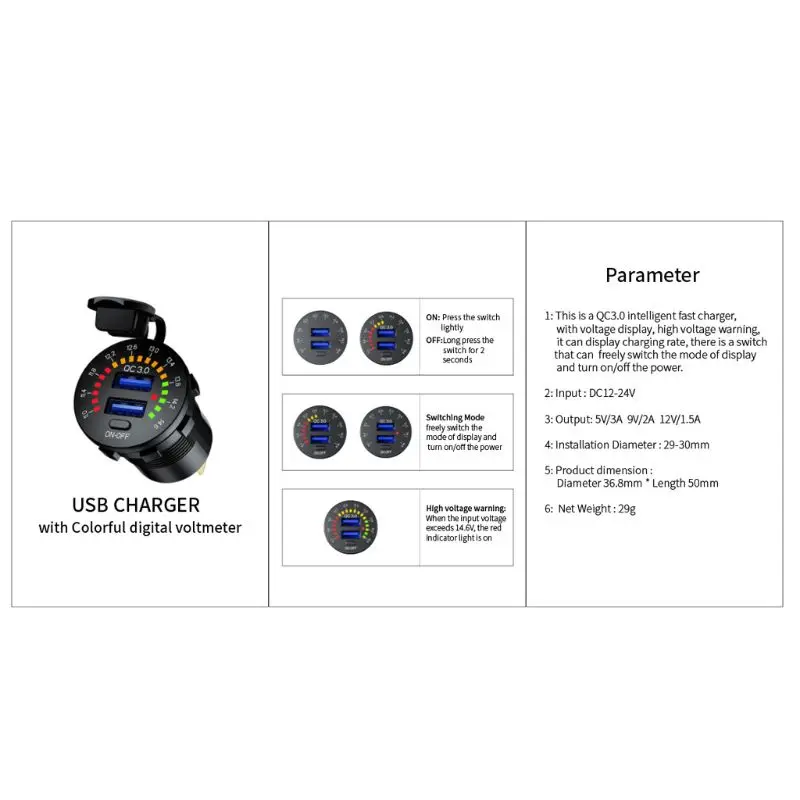 12V 24V Quick Charge 3.0 Dual USB Car Charger Waterproof 18W USB Outlet Fast Charge with LED Voltmeter ON OFF Switch
12V 24V Quick Charge 3.0 Dual USB Car Charger Waterproof 18W USB Outlet Fast Charge with LED Voltmeter ON OFF Switch