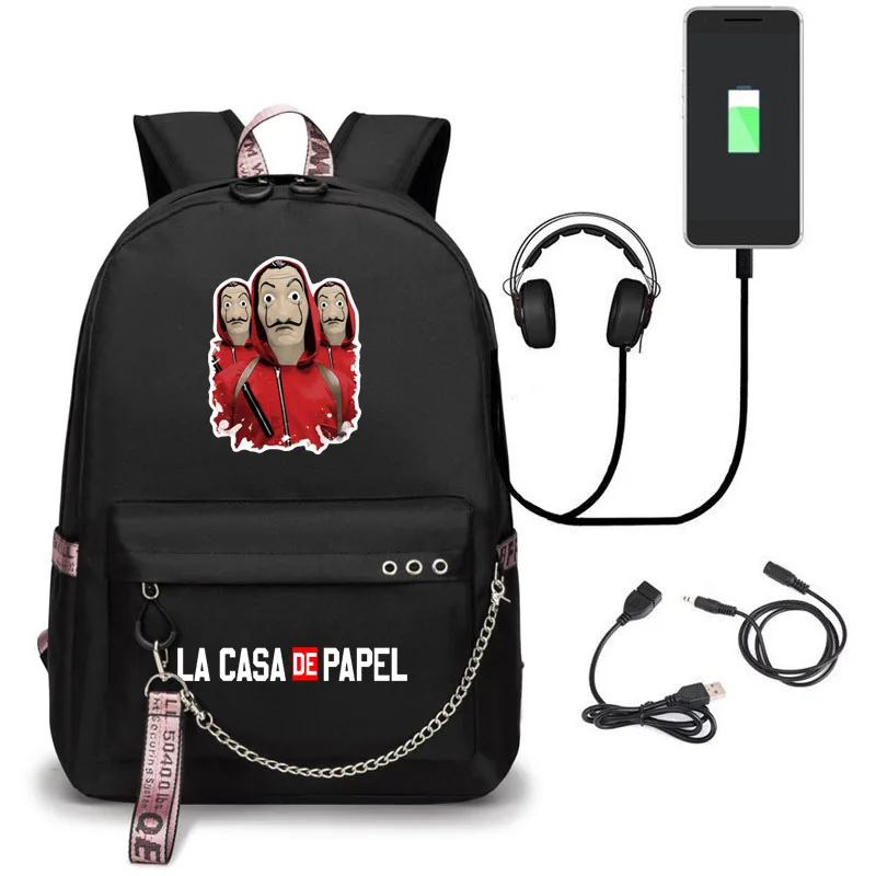 La Casa De Papel Косплей рюкзак usb зарядка Школьный Унисекс Повседневный Рюкзак