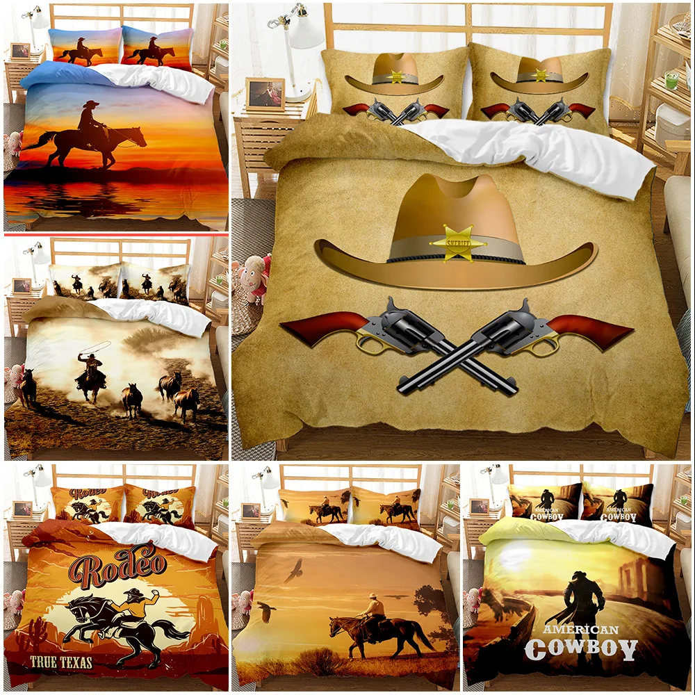 Western cowboy horse galloping three-piece 3D digital printing denim brushed bedding quilt cover four-piece suit
Western cowboy horse galloping three-piece 3D digital printing denim brushed bedding quilt cover four-piece suit
