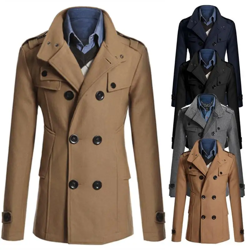 

Мужское зимнее шерстяное пальто, двубортная ветровка, Повседневная утепленная длинная куртка с воротником-стойкой
