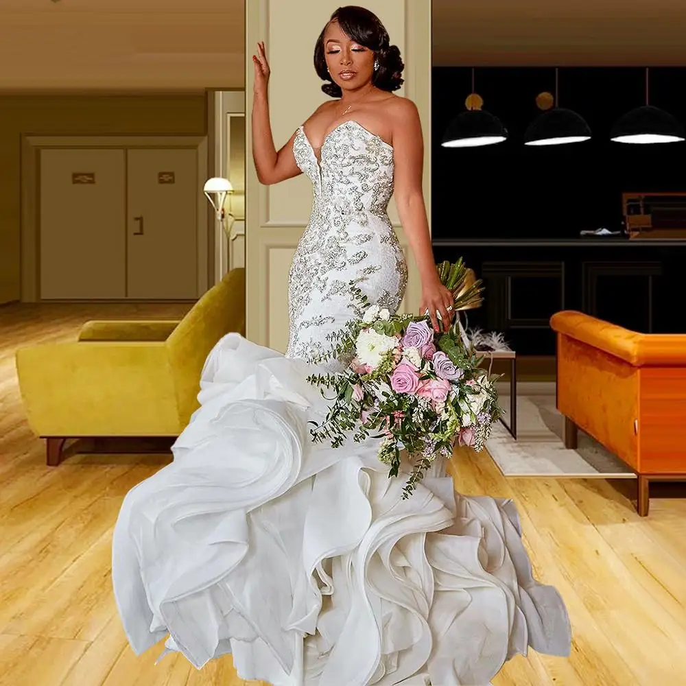 

Arabic Sweetheart Mermaid Wedding Dress Lace Beading Ruffles Train Bridal Gowns Plus Size Luxury vestido de novia 2023
