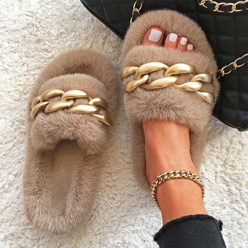 Female Fluffy Fur Slides Plush Warm Slippers Matte Gold Chain Design Flip Flops Home Luxury Slippers Slip-On Thick Bottom Women
Female Fluffy Fur Slides Plush Warm Slippers Matte Gold Chain Design Flip Flops Home Luxury Slippers Slip-On Thick Bottom Women