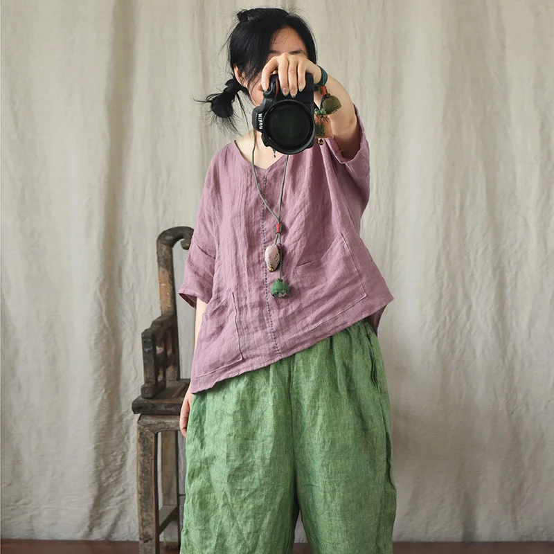 Vintage Women Three Quarter Sleeve Blouse Summer Fall V Neck Solid Cotton Linen Shirt Female Robe Work Blusas Chemise Top Femme
Vintage Women Three Quarter Sleeve Blouse Summer Fall V Neck Solid Cotton Linen Shirt Female Robe Work Blusas Chemise Top Femme