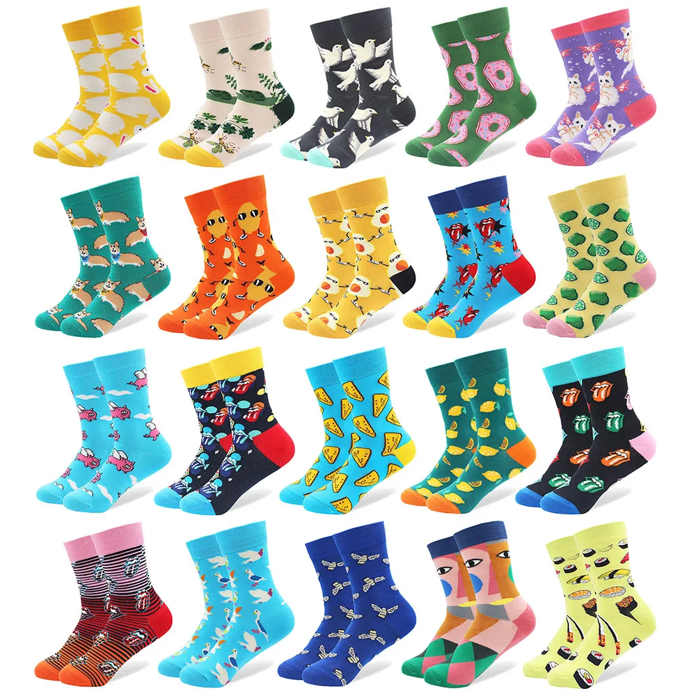 

1 Pair Cute Cartoon Socks Combed Cotton Women's Socks with Bird Animal Pattern Long Tube Happy Funny Colored Socks