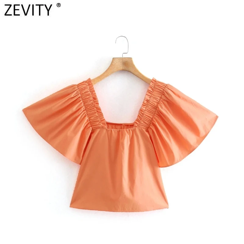 

Zevity New Women Off Shoulder Solid Color Short Smock Blouse French Femme Pleated Puff Sleeve Poplin Shirt Chic Crop Tops LS9196