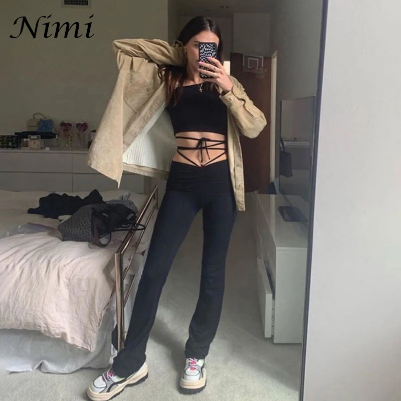High Waist Fashion Bandage Pants 2021Pantalones De Mujer Black White Streetwear Slim Long Trousers Simple And Versatile Moda 
High Waist Fashion Bandage Pants 2021Pantalones De Mujer Black White Streetwear Slim Long Trousers Simple And Versatile Moda
