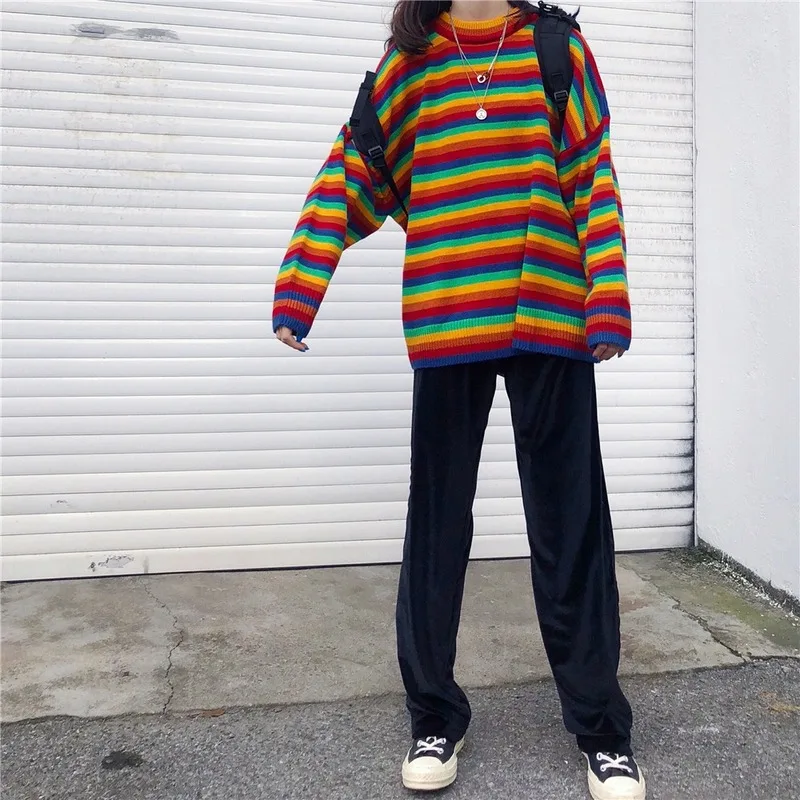 Rainbow Stripes O-neck Knitted Sweaters for Women Clothing Korean Loose Pullovers Hipster Long Sleeve Ladies Winter Streetwear 
Rainbow Stripes O-neck Knitted Sweaters for Women Clothing Korean Loose Pullovers Hipster Long Sleeve Ladies Winter Streetwear