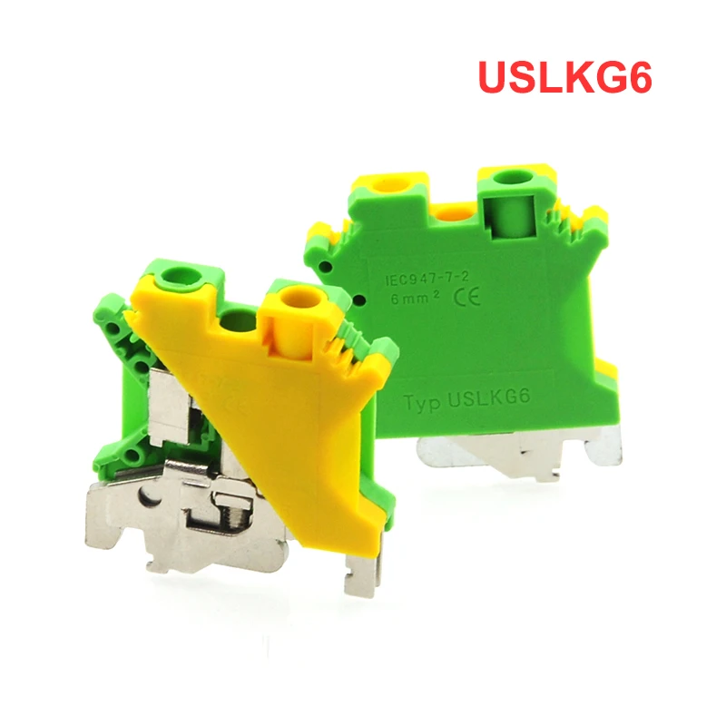 

2Pcs Ground Terminal Blocks USLKG6 DIN Rail Screw Bornier UK-6N Yellow Green Earthing Morsettiera Connector 10AWG 6mm²