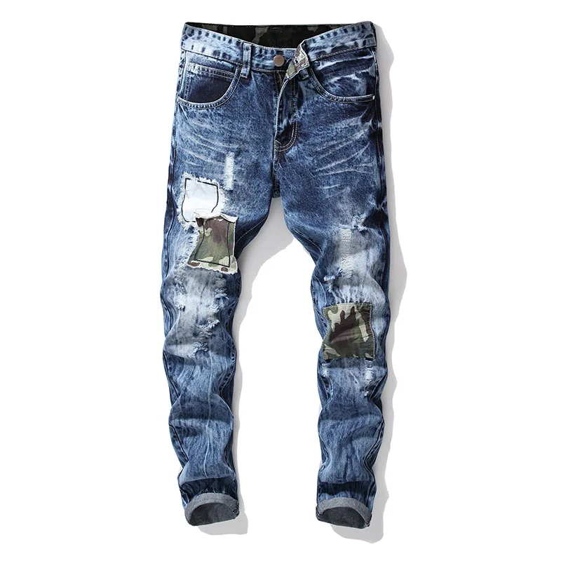 

2021 Fashion Hip Hop Patch Men Retro Jeans Knee Rap Hole Zipped Biker Jeans Men Loose Slim Destroyed Torn Ripped Denim Man Jeans
