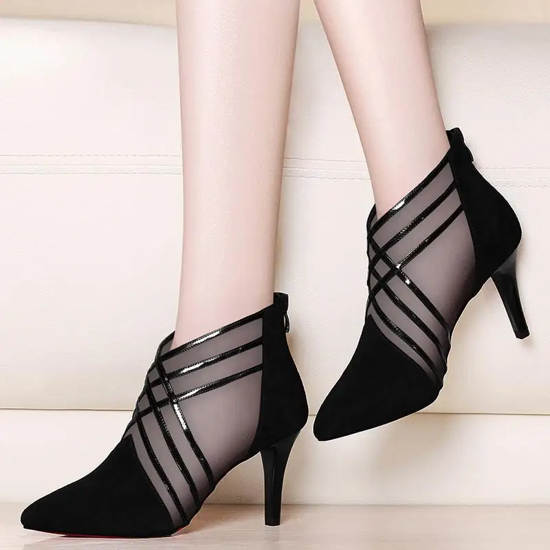 

Fashion new Mesh Lace Crossed Stripe Women Ladies Casual Pointed Toe High Stilettos Heels Pumps Feminine Mujer Sandals Shoes