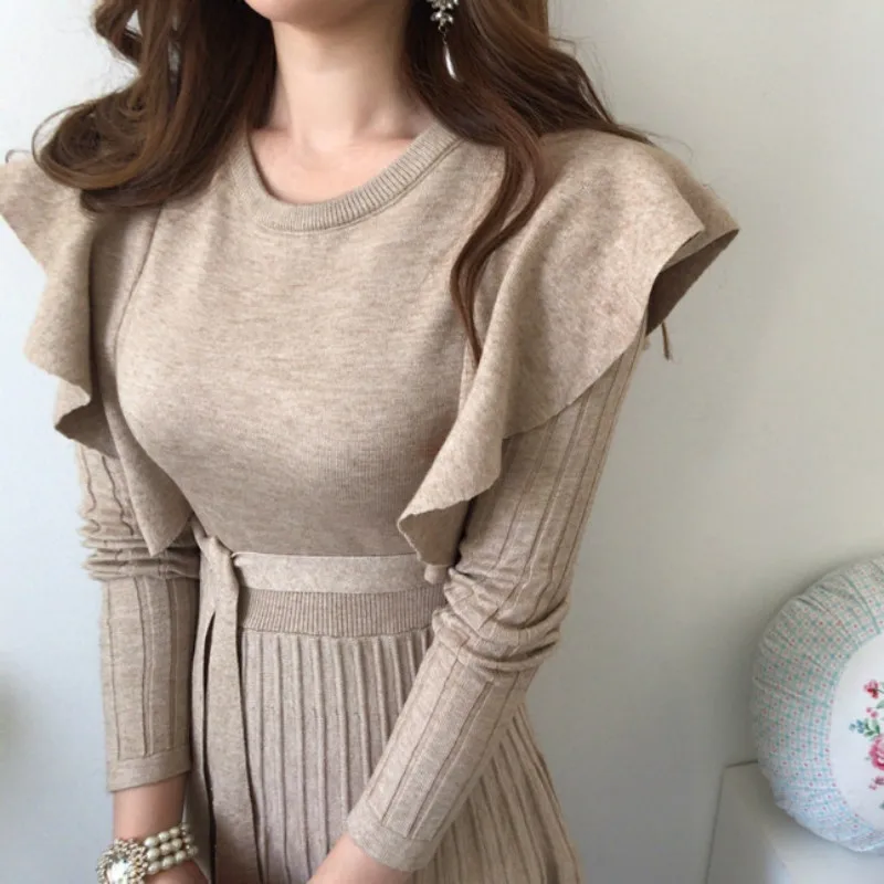 Winter Lady Slim Waist Solid O-Neck Casual Mid-Calf Dress Women Sweater Fairy Dress Ruffles Long Sleeve A Line Pleated Dresses
Winter Lady Slim Waist Solid O-Neck Casual Mid-Calf Dress Women Sweater Fairy Dress Ruffles Long Sleeve A Line Pleated Dresses