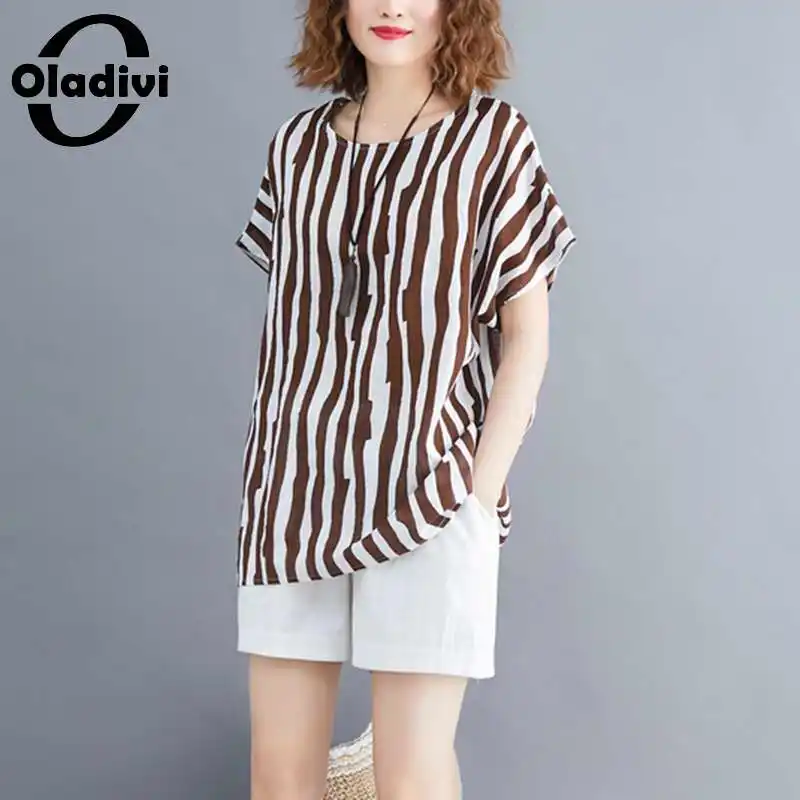 

Блузка Oladivi в полоску с рукавом «летучая мышь», модная повседневная рубашка в стиле оверсайз, хлопково-льняная туника, большие размеры 3Xl, 4XL, ...