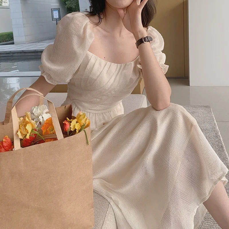 Elegant Dresses for Female Square Collar Puff Sleeve Evening Party Dress Women Design Fairy One Piece Dresses Korean Summer 2021 
Elegant Dresses for Female Square Collar Puff Sleeve Evening Party Dress Women Design Fairy One Piece Dresses Korean Summer 2021