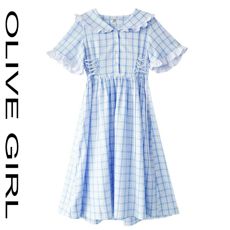 2021 Summer Sweet Blue Plaid Dress Women Kawaii Bow Flared Sleeve Bandage Dress Japanese Cute Sailor Collar Long Dresses
2021 Summer Sweet Blue Plaid Dress Women Kawaii Bow Flared Sleeve Bandage Dress Japanese Cute Sailor Collar Long Dresses