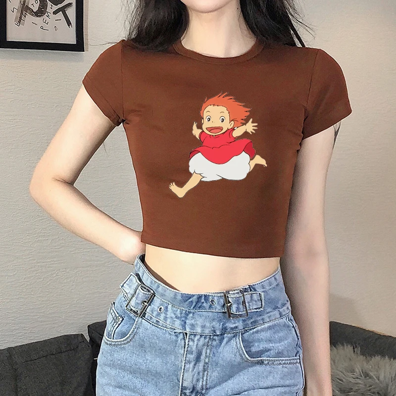 Летние футболки с коротким рукавом Kawaii Ponyo мультяшным принтом Harajuku коричневый