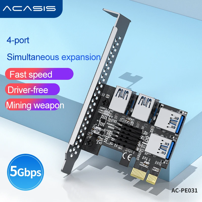 Acasis PCI-E адаптер 1 поворот 4 PCI-Express слот 1x к 16x USB майнинговая специальная переходная