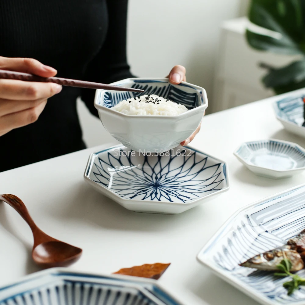 Японская сине-белая серия керамическая плитка для суши восьмиугольная тарелка