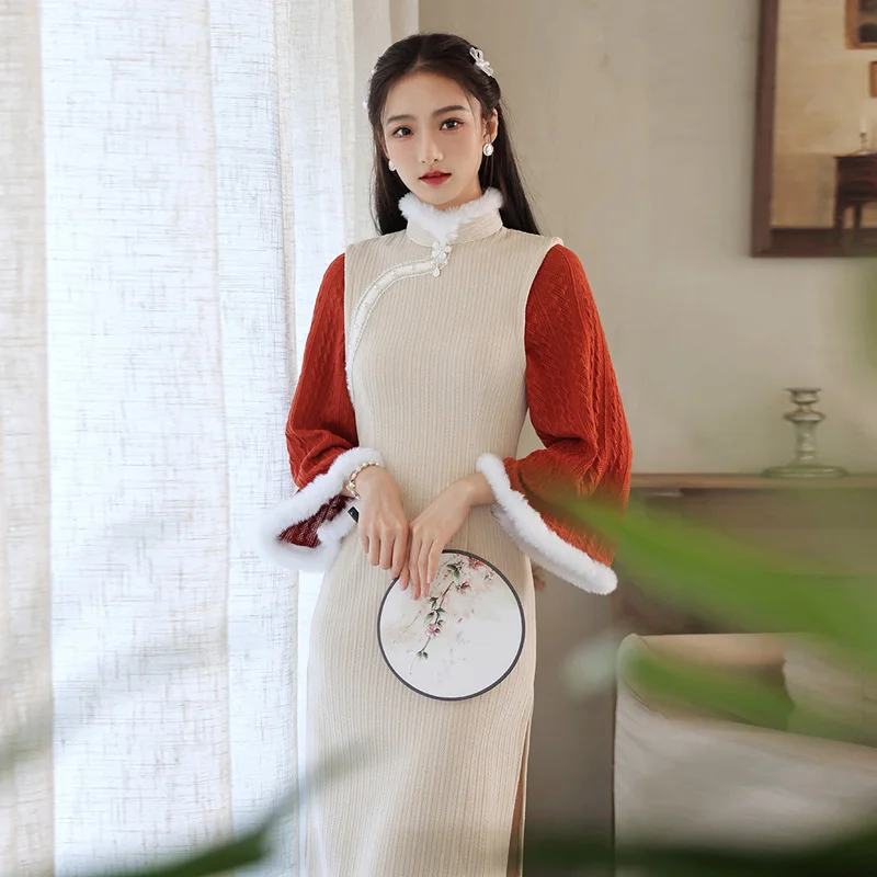 High-end Fake Two Winter Cheongsam Womem Knitted Sleeves Fur Collar Chinese Dress Vintage Traditional Plus Size Elegant Qipao
High-end Fake Two Winter Cheongsam Womem Knitted Sleeves Fur Collar Chinese Dress Vintage Traditional Plus Size Elegant Qipao