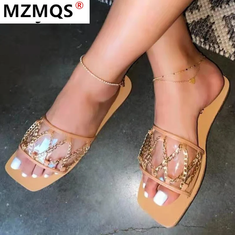 Summer Fashion Metal Chain Flat Slippers Women 2021 Transparent PVC Square Toe Slides Female Plus Size Beach Flip Flop Plus Size
Summer Fashion Metal Chain Flat Slippers Women 2021 Transparent PVC Square Toe Slides Female Plus Size Beach Flip Flop Plus Size