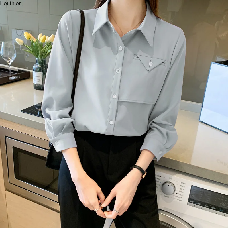 

Houthion Chiffon Loose Women's Blouses Long Sleeve Top New Casual Blouse Spring/autumn Fashion Solid Color Buttons Shirt