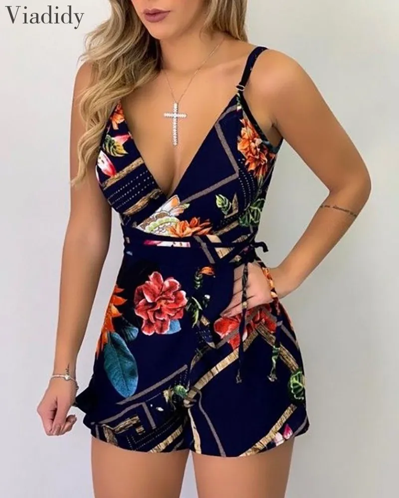 Women Sleeveless Floral Printed Sling Playsuits Summer Spaghetti Strap Deep V Neck Tie Waist Rompers
Women Sleeveless Floral Printed Sling Playsuits Summer Spaghetti Strap Deep V Neck Tie Waist Rompers
