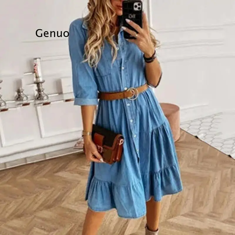 Elegant Femmale Buttons Women Dress Ladies Lapel Denim Three Quarter Sleeve Ruffle Dress Casual Holiday Party Dress Vestidos 
Elegant Femmale Buttons Women Dress Ladies Lapel Denim Three Quarter Sleeve Ruffle Dress Casual Holiday Party Dress Vestidos