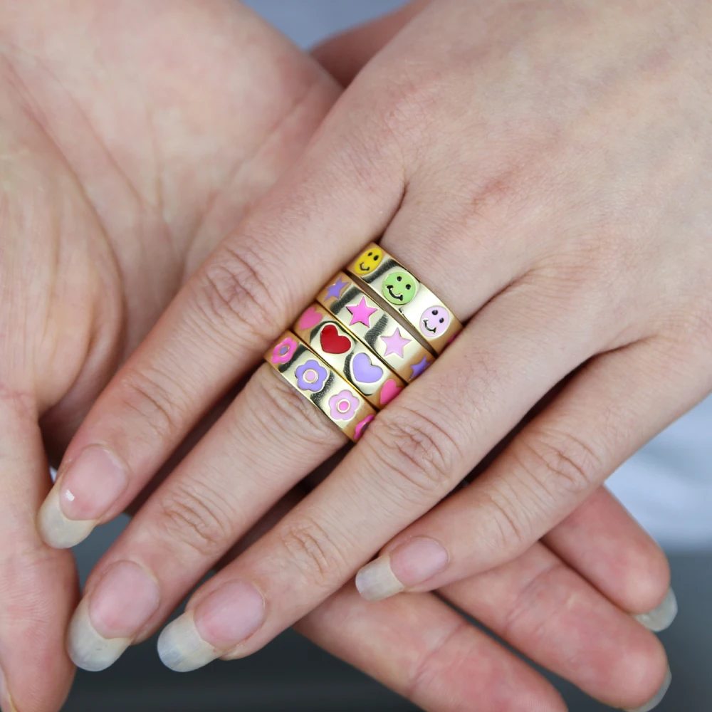 Women Wedding jewelry Enamel Face Flower Love Heart star Ring with gold color plated wide band finger rings jewelry wholesale
Women Wedding jewelry Enamel Face Flower Love Heart star Ring with gold color plated wide band finger rings jewelry wholesale