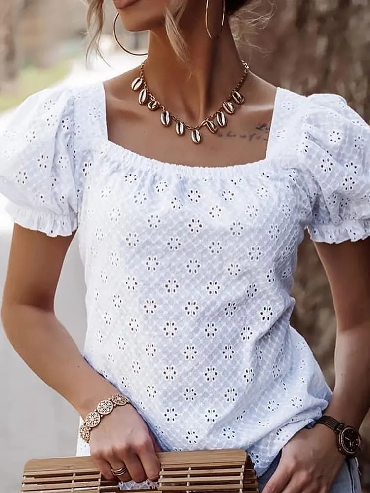 Elegant Tee Shirts Square Neck Hollow-out Back Knot Bubble Sleeve Plain Blouse Fashion Summer Casual Women White Backless Tops
Elegant Tee Shirts Square Neck Hollow-out Back Knot Bubble Sleeve Plain Blouse Fashion Summer Casual Women White Backless Tops