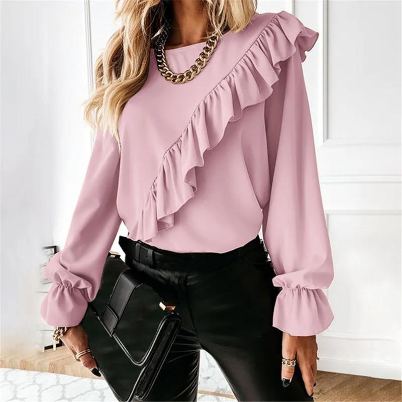 Elegant Spring Loose Tops Ruffle Stitching Flared Sleeve Bottoming Shirt Lady Solid Casual Round Neck Long-Sleeved Pullover Top
Elegant Spring Loose Tops Ruffle Stitching Flared Sleeve Bottoming Shirt Lady Solid Casual Round Neck Long-Sleeved Pullover Top