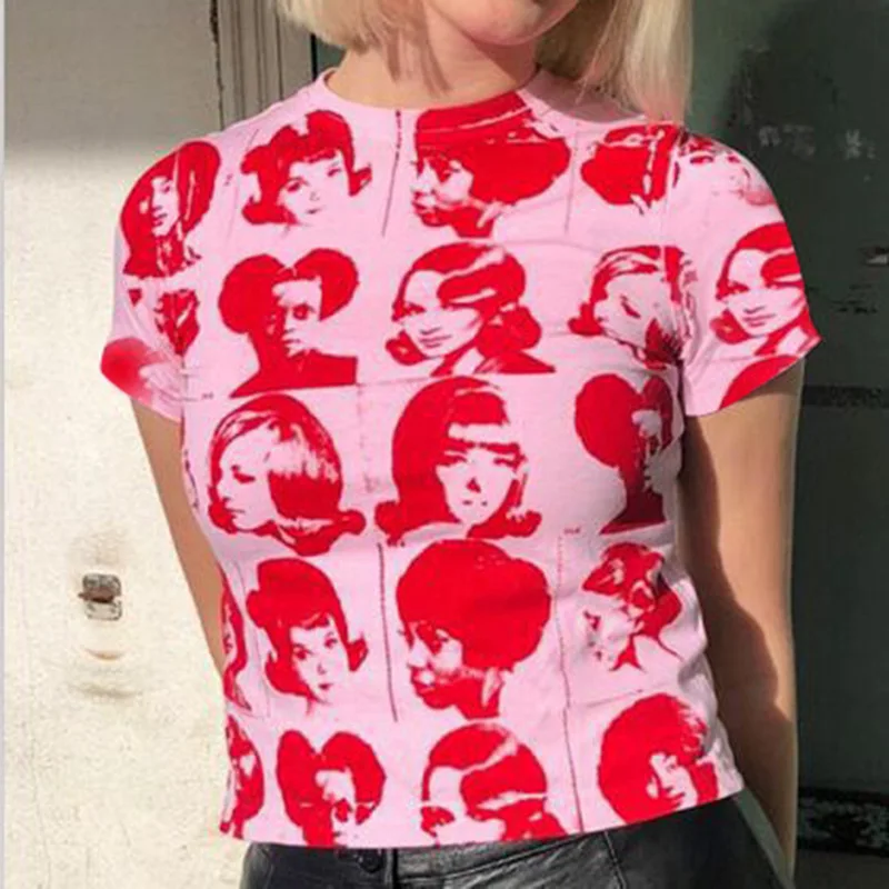 Pink Cute Baby Tee Y2K Aesthetic Short Sleeve Green T-Shirts Women Portrait Print Contrast Patchwork E Girl Tops Summer 2021 
Pink Cute Baby Tee Y2K Aesthetic Short Sleeve Green T-Shirts Women Portrait Print Contrast Patchwork E Girl Tops Summer 2021