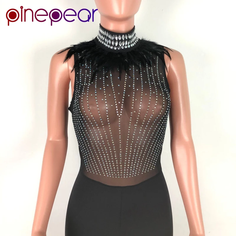 PinePear Diamonds Rhinestone Feather Party Jumpsuits Women Mesh Sheer High Neck Bodycon Rompers Night Club Overalls Wholesale
PinePear Diamonds Rhinestone Feather Party Jumpsuits Women Mesh Sheer High Neck Bodycon Rompers Night Club Overalls Wholesale