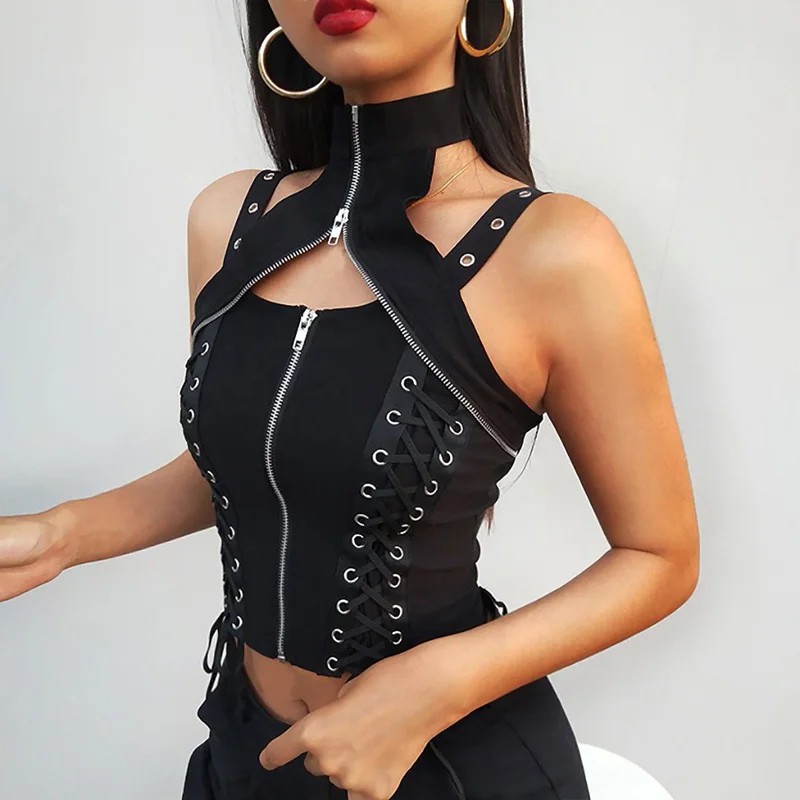2021 Hot Money Spring And Summer Sexy European And American Camisole Sleeveless High Neck Zipper Female Tops Gothic Solid
2021 Hot Money Spring And Summer Sexy European And American Camisole Sleeveless High Neck Zipper Female Tops Gothic Solid