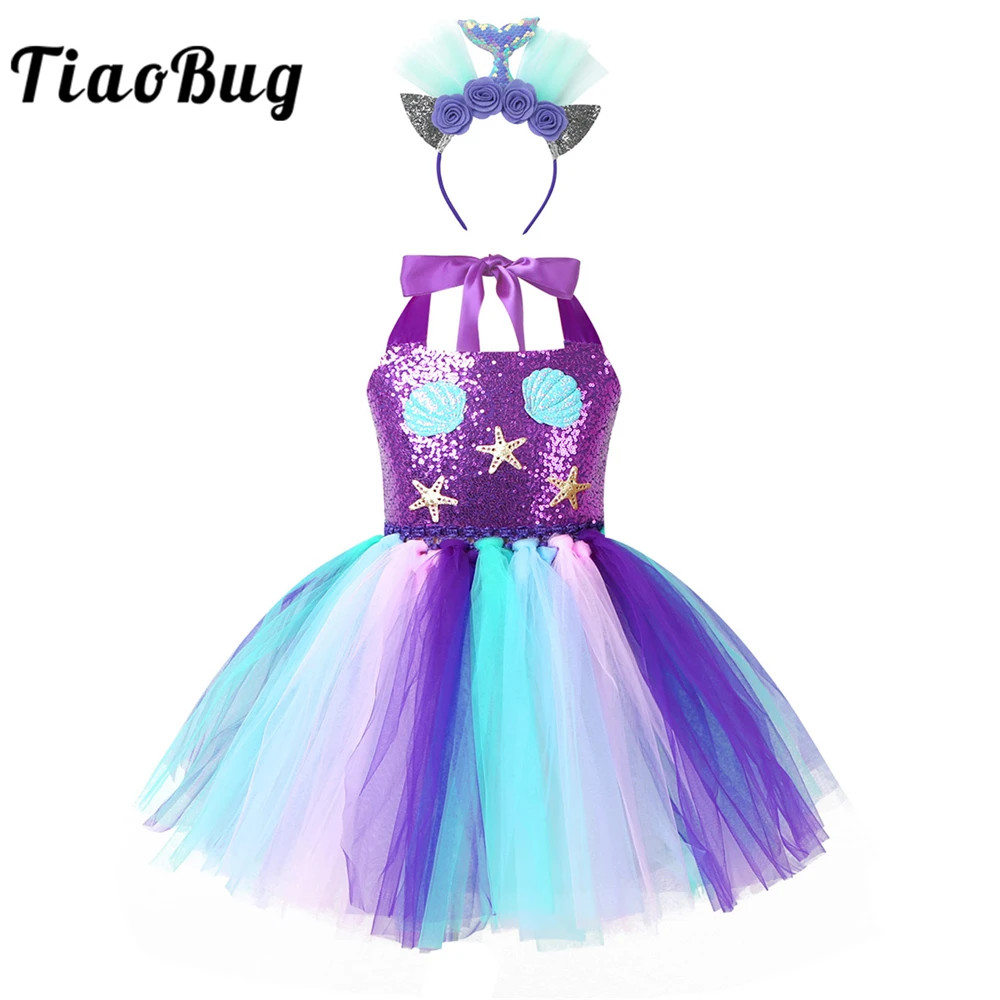 

TiaoBug Kids Shiny Sequins Starfish Applique Mesh Tutu Flower Girl Dress Children Girls Birthday Party Carnival Princess Costume