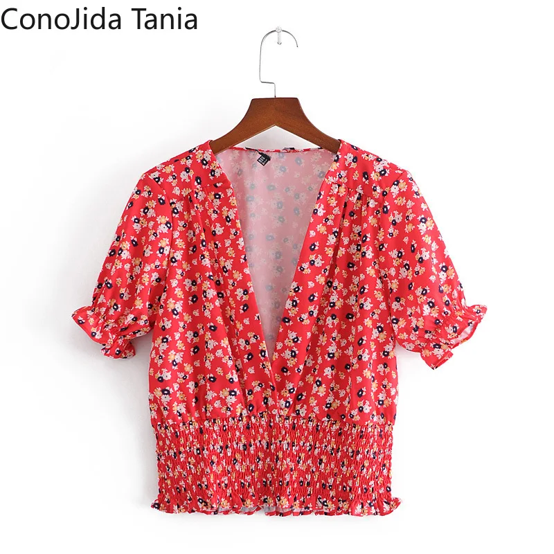 The New Summer Women's V-neck With Waist Tucked In Red Floral Bubble Sleeves Slim Short Shirt
The New Summer Women's V-neck With Waist Tucked In Red Floral Bubble Sleeves Slim Short Shirt