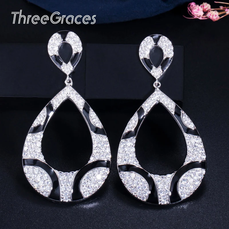 ThreeGraces новый модный бренд микро проложить фианит черная эмаль большие длинные