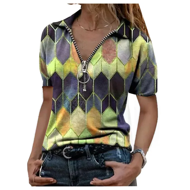 European and American Large Size Women's Slim Fit V-neck Women's Top Printed Zipper T-shirt Lapel Short Sleeve T-shirt Women
European and American Large Size Women's Slim Fit V-neck Women's Top Printed Zipper T-shirt Lapel Short Sleeve T-shirt Women