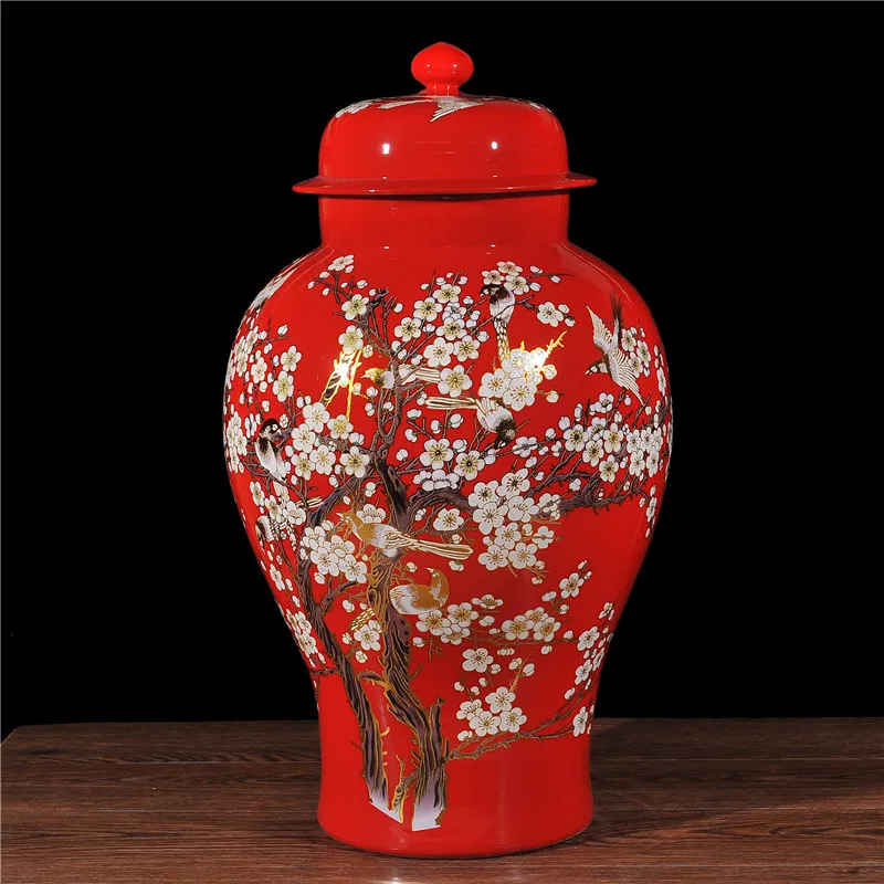 Китайская винтажная керамическая баночка с крышкой большая красная дизайном